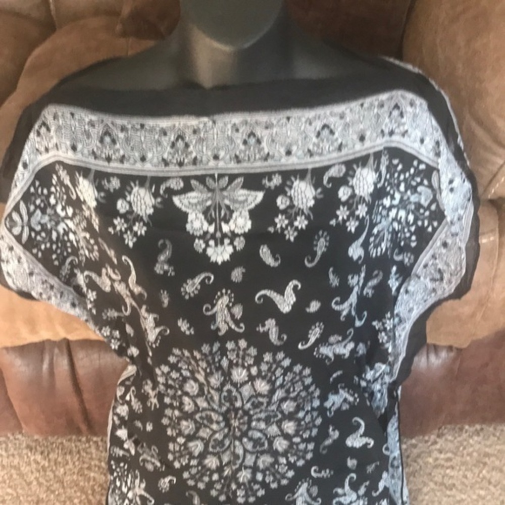 Pink Collection paisley black and white with a touch of teal see through top